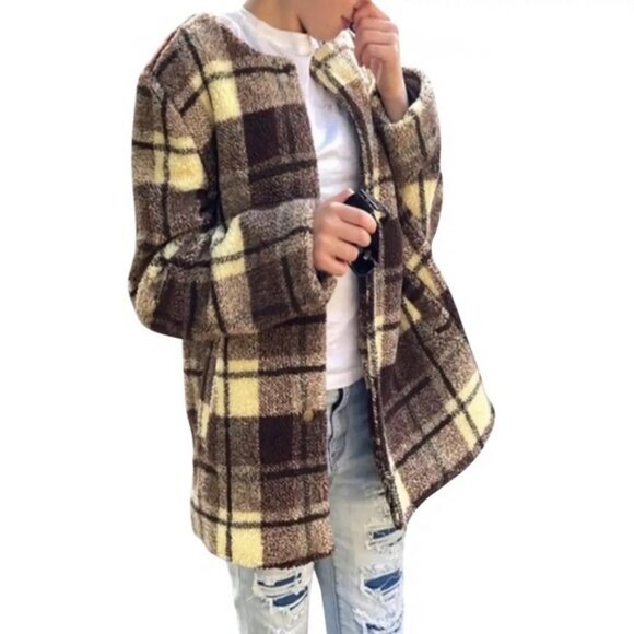 Sanctuary Teddy Coat Sherpa Plaid Oversized Jacket size L - Picture 1 of 5
